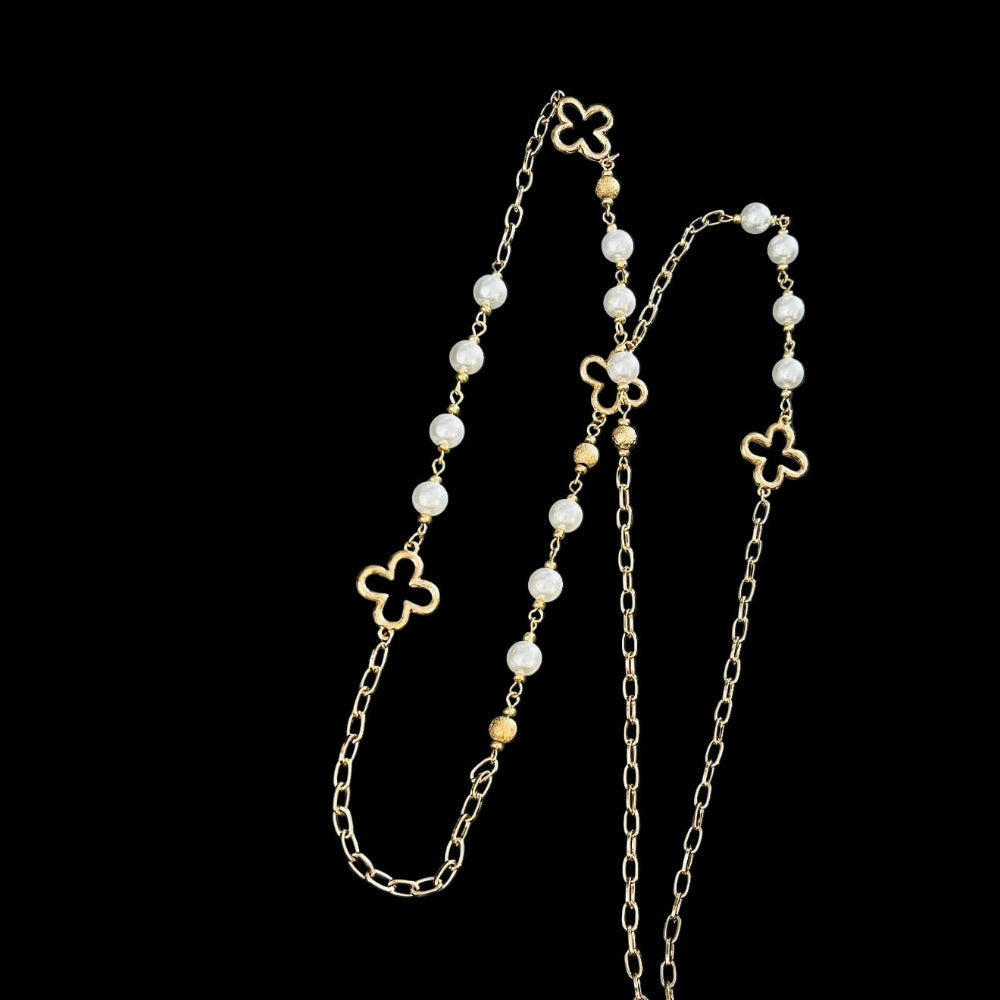 Gold & Pearl Extra Long 'Cleefs' Necklace