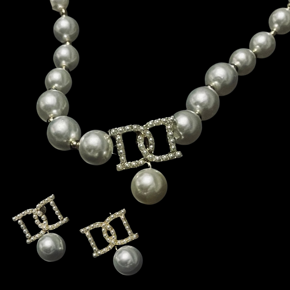 Pearl & Diamanté 'D' Necklace & Earrings Set