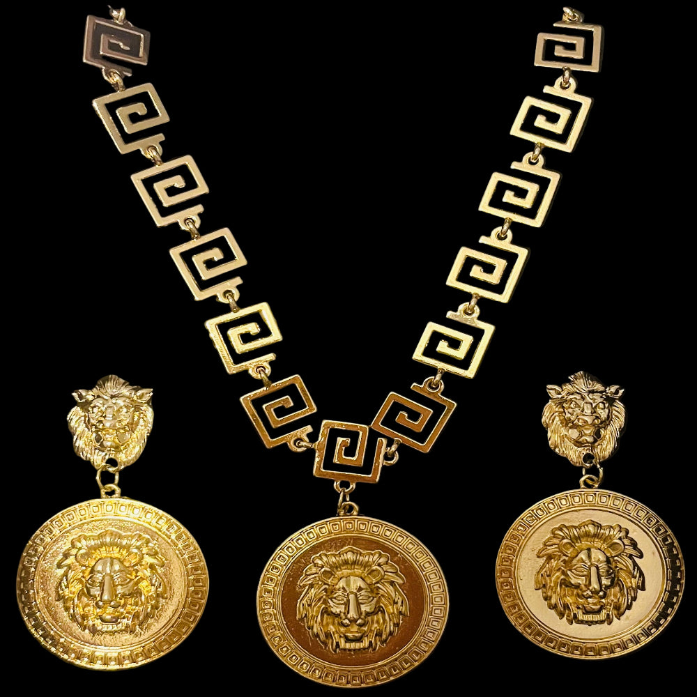 Chunky Gold 'Ver' Lion Head Necklace & Earring Set